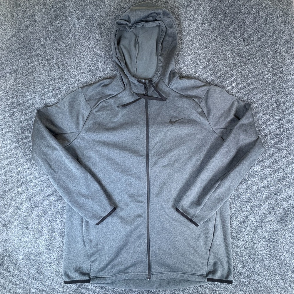 Nike Dri-FIT Hoodie Mens XL Gray Logo Textured Fleece Lined Therma-FIT Full Zip